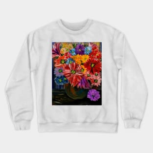 So a lovely color combination in this bouquet of flowers in a metallic silver and purple and turquoise blend vase . Crewneck Sweatshirt